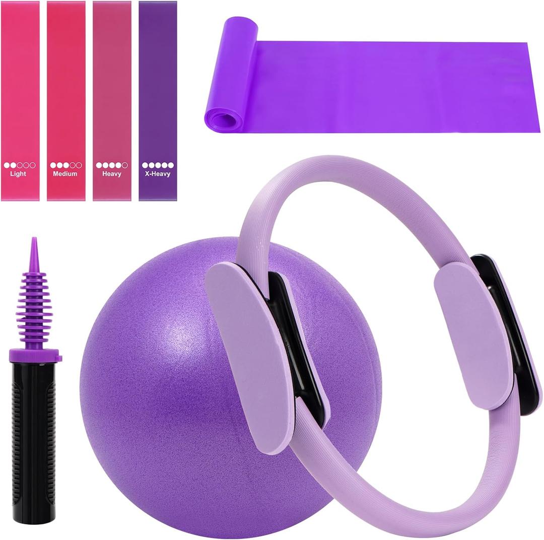 Pilates Ring Fitness Circles Set, High Resistance Yoga Ring Pilates Equipment Set for Women Includes Pilates Ring, 9 Inch Small Exercise Ball, 5 Resistance Bands at Home Pilates Workout Set (purple)