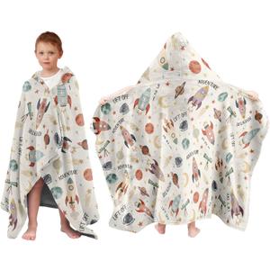 Space Adventure Hooded Towel for Kids, Planet Rocket Astronaut Hooded Poncho Blanket for Toddlers 30" x 50", Soft Flannel Wearable Blanket Bath Towel for Boy, Birthday Space Gift for Pool, Beach, Swim
