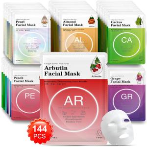 VESPRO 144 Pack Collagen Essence Sheet Facial Masks, Bulk Sheet Masks for Face, Hydrating Facial Masks for All Skin Types, Moisturizing and Soothing, Natural Skincare Spa Face Mask