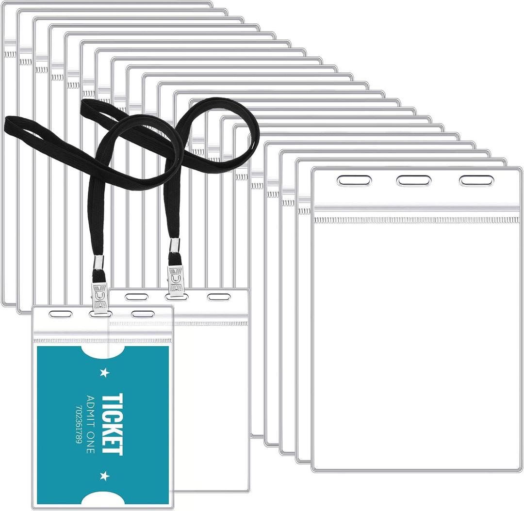 Patelai 30 Pcs 3 x 5 Inch Large Clear ID Badge Holder with Black Lanyard Credential Holder Plastic Credential Badge Sleeves Clear Vertical Sealable Card Protector for Travel