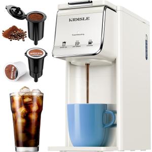 Hot & Iced Coffee Maker for K-Cups & Ground Coffee, Single-Serve Brewer with Bold Setting, Reusable Filter, Travel Mug Friendly, Compact & Quick Brew, White