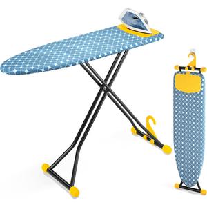 Ironing Board, Compact Iron Board with Silicon Iron Mat, Heat Resistant Cover, 7 Height Adjustable, Foldable Ironing Board Wall Mount Hanger, 13x43" Yellow