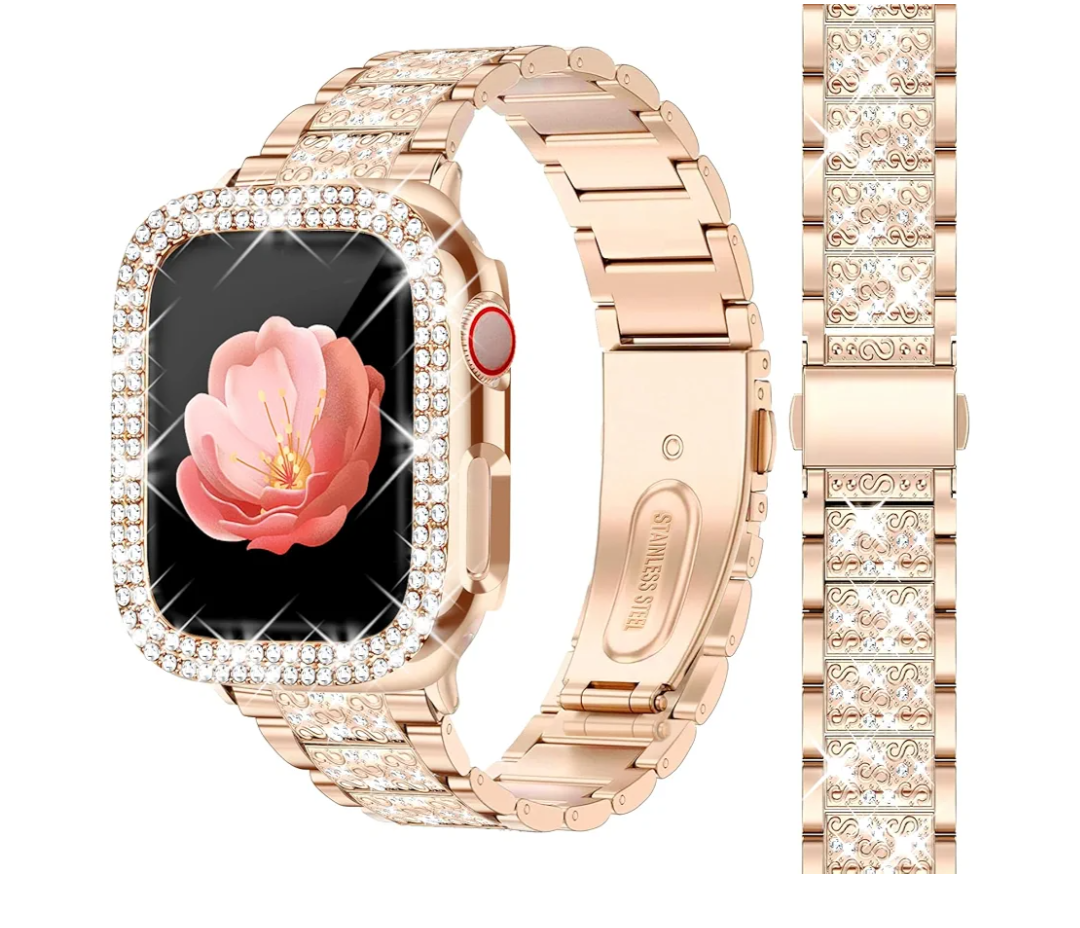 Bling Watch Bands with Bling Case for Women Compatible with Apple Watch Band 40mm Elegant Dressy Jewelry Replacement Metal Link Wristband Protector Cover for iWatch Series 6/5/4/SE Rose Gold