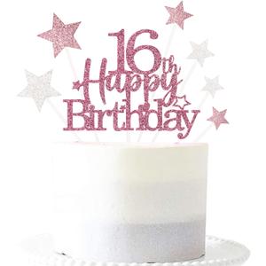 3 x Glittery 16th Happy Birthday Cake Topper with Star,Personalised 16 Birthday Cake Toppers Party Decorations Party Supplies for Boys Girls Rose Gold