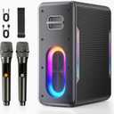 Karaoke Machine with Two Wireless Microphones, Powerful Portable Bluetooth Speaker for Adults & Kids, PA System with 2 Voice Mode, LED Lights, Supports TWS/AUX/USB/TF for Party(Gray+Sliver