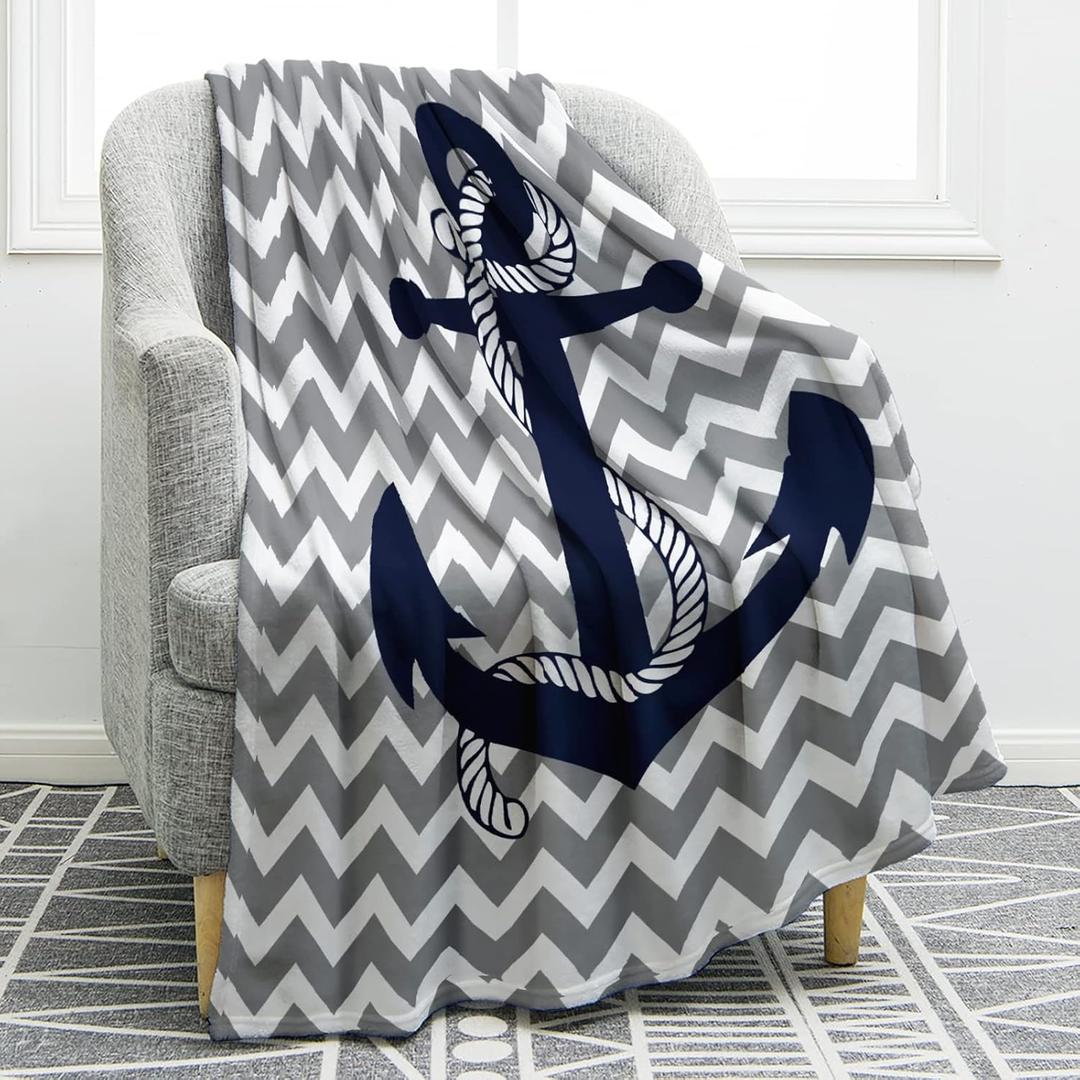 Jekeno Nautical Anchor Blanket Navy Tie Pattern with Gray and White Chevron Ripple Waves Print Gifts for Kids Boys Men Home Bedroom Living Room Decor Soft Cozy Lightweight Throw Blankets 50"x60" (Color3)