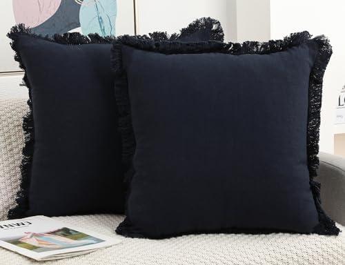 NUYECY Set of 2 Natural Linen Fringed Throw Pillow Covers,Navy Blue Neutral Decorative Pillowcase with Chic Tassel Burlap Boho Large Cushion Covers for Couch Sofa Farmhouse,30x30 inches