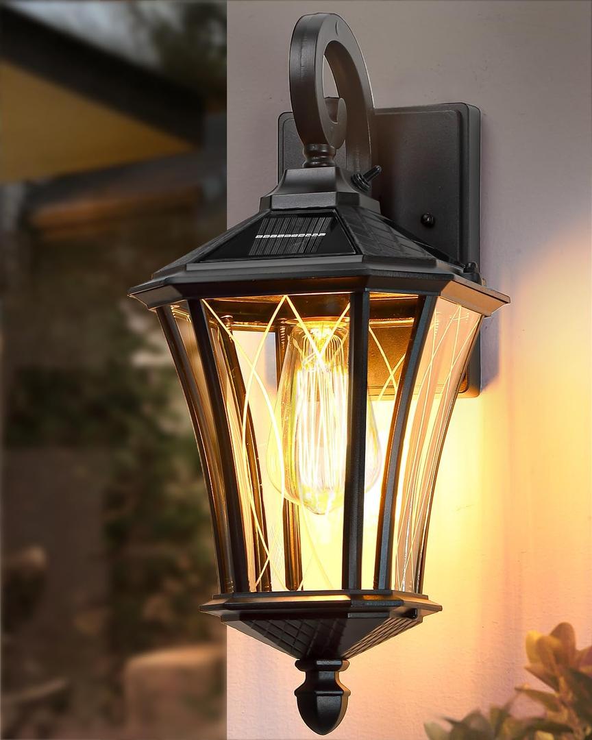 YSN 16" Solar Wall Lights Outdoor, Dusk to Dawn Exterior Lighting Fixtures, Black Solar Porch Lights Outdoor Sconce Lights, Waterproof Outside Light for House Porch Garage Yard, 1 Pack