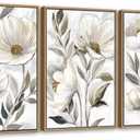 yearainn Floral Framed Wall Art - Beige White Flower Canvas Pictures Wall Decor Modern Blossom Painting Artwork Elegant Botanical Prints Living Room Home Decor Natural Wood Frame 24 x 16in * 3