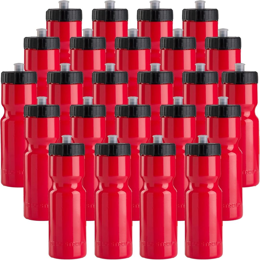 50 Strong Bulk Water Bottles 24-Pack  22 oz BPA-Free Sports Bottles with Easy-Open Pull Top Cap  Made in USA  Reusable & Top Rack Dishwasher Safe Brand (Red)