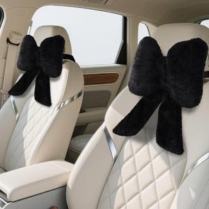2 Pack Bow Car Headrest Pillows Plush Car Neck Pillows for Travel Driving Office Chair Head Support Cushions, Also Cute Car Decor Accessories (Black)