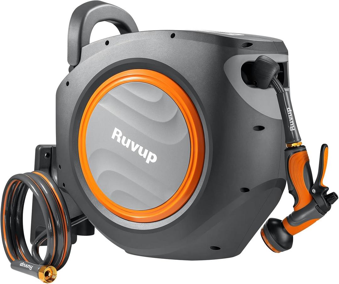 Ruvup Retractable Garden Hose Reel, 1/2 x 110ft+6.5ft Automatic Water Hoses Reels for Outside with 10 Pattern Nozzle, UV Resistant Wall Mount Slow Retraction Any Length Lock 180 Swivel Bracket