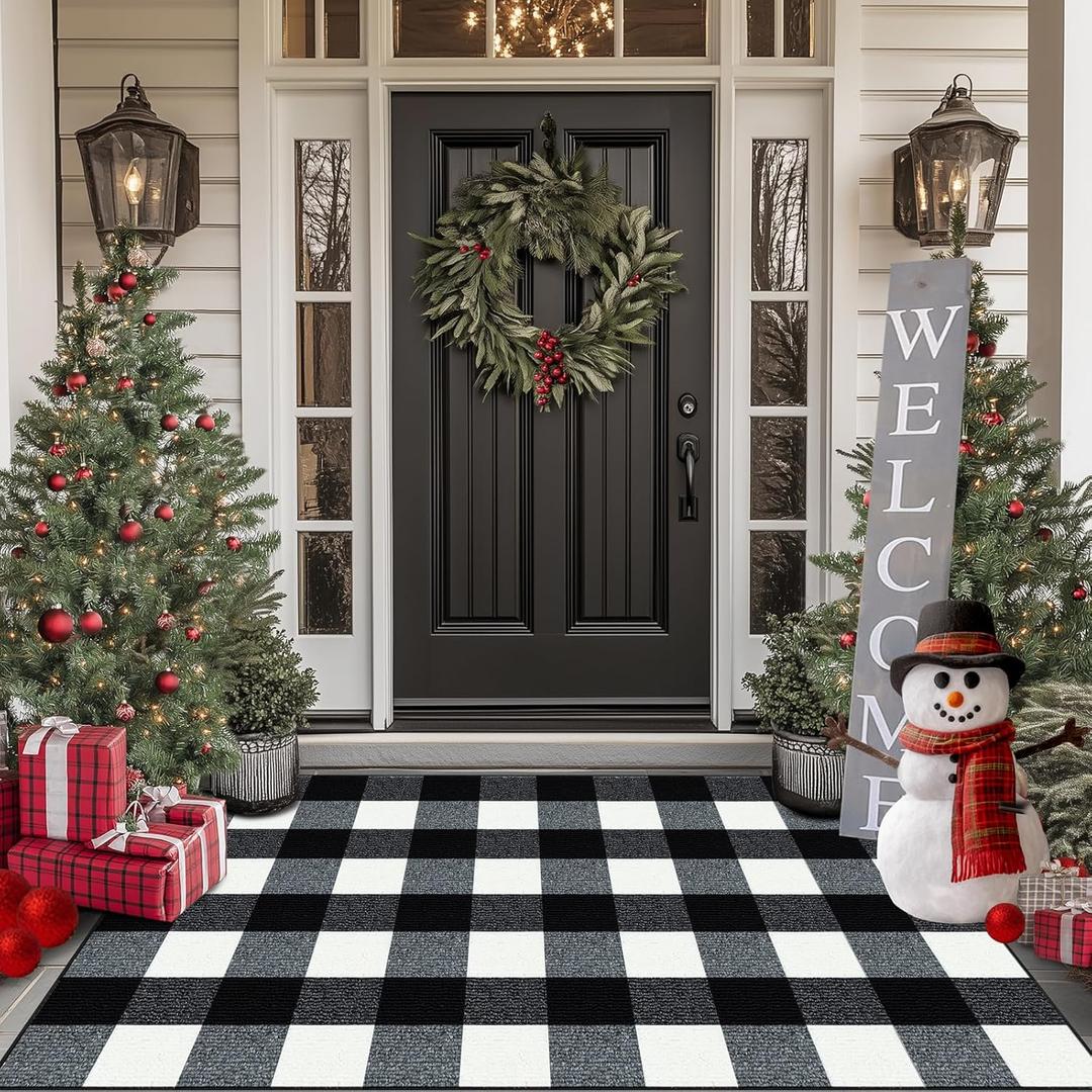 FONEYI Buffalo Plaid Outdoor Rug, 32"x48" Checkered Front Door Mat, Non Slip Absorbent Entryway Rug Doormat Indoor, Washable Outdoor Rugs for Layered Door Mats Front Porch/Farmhouse Black and White