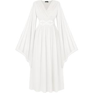 Scarlet Darkness Women's Renaissance Costume Wrap V Neck Medieval Dress Split Bell Sleeve Embroidery Fairy Dresses (Medium, White)