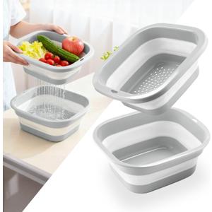 SINGARO 2.8 Gal (10.5L) Collapsible Dish Basin with Drain Basket Colanders, Multiuse Double-Layer Foldable Strainers Sink Tub, Collapsible Wash Basin Pan, Plastic Tubs, Dishpan, Kitchen Sink, Grey