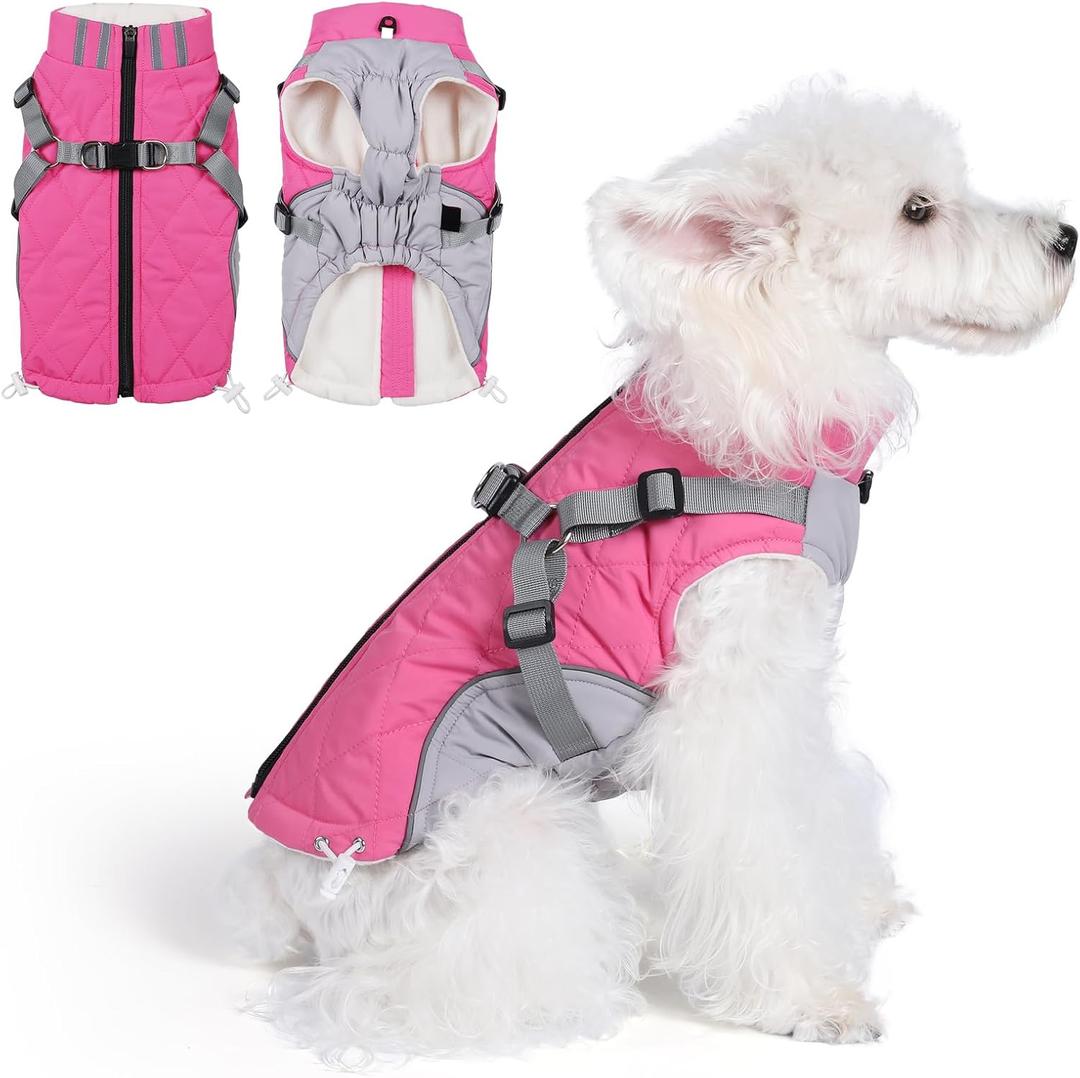 Gyuzh Dog Coat with Harness Dog Jacket Winter Waterproof Dog Coats Dog Harness Coat Cold Weather Winter Dog Coat with Harness Built in for Small Medium Large Dogs (rose red)