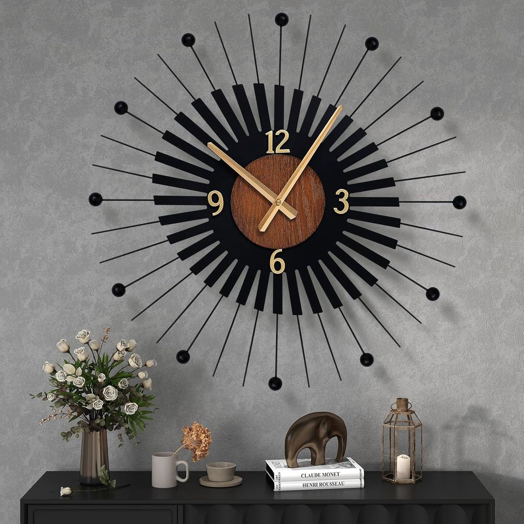 22 Inch Modern Sunburst Wall Clock Battery Operated, Black Metal Radiating Design with Walnut Wood Center, Silent Quartz Movement, Gold Hands Decorative Clocks for Living Room, Office, Bedroom