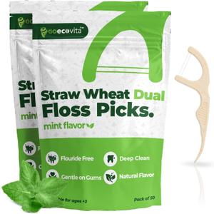 10 x Dual Thread Dental Floss Picks - Straw Wheat Flossers | Thin & Shred-Resistant Thread for Tight Gaps | Dental Flossers for Adults | Gentle on Gums & Teeth (100 Pack, Mint)