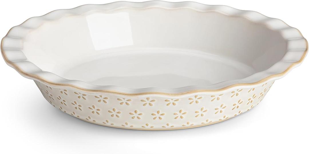 MALACASA Pie Pan, Stoneware Pie Dish for Baking, 45 OZ Deep Dish Pie Pans 9 Inch, Embossed Quiche Baking Dish for Oven, Fluted Dish Pie Plate for Apple Pie, Pot Pie and Quiche, Set of 1, Series LYDIA