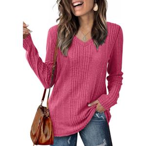 Lafural V Neck Long Sleeve Shirts for Women Casual Fall Tops Lightweight Tunic Sweaters Fashion Clothes 2024 (Pink, S)