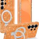 Magnetic for Galaxy S26 Ultra Case with Invisible Ring Stand[Compatible with MagSafe]Full Body Slim Women Girl Shockproof Marble Pattern Design Case for Samsung Galaxy S26 Ultra,Orange/Sliver