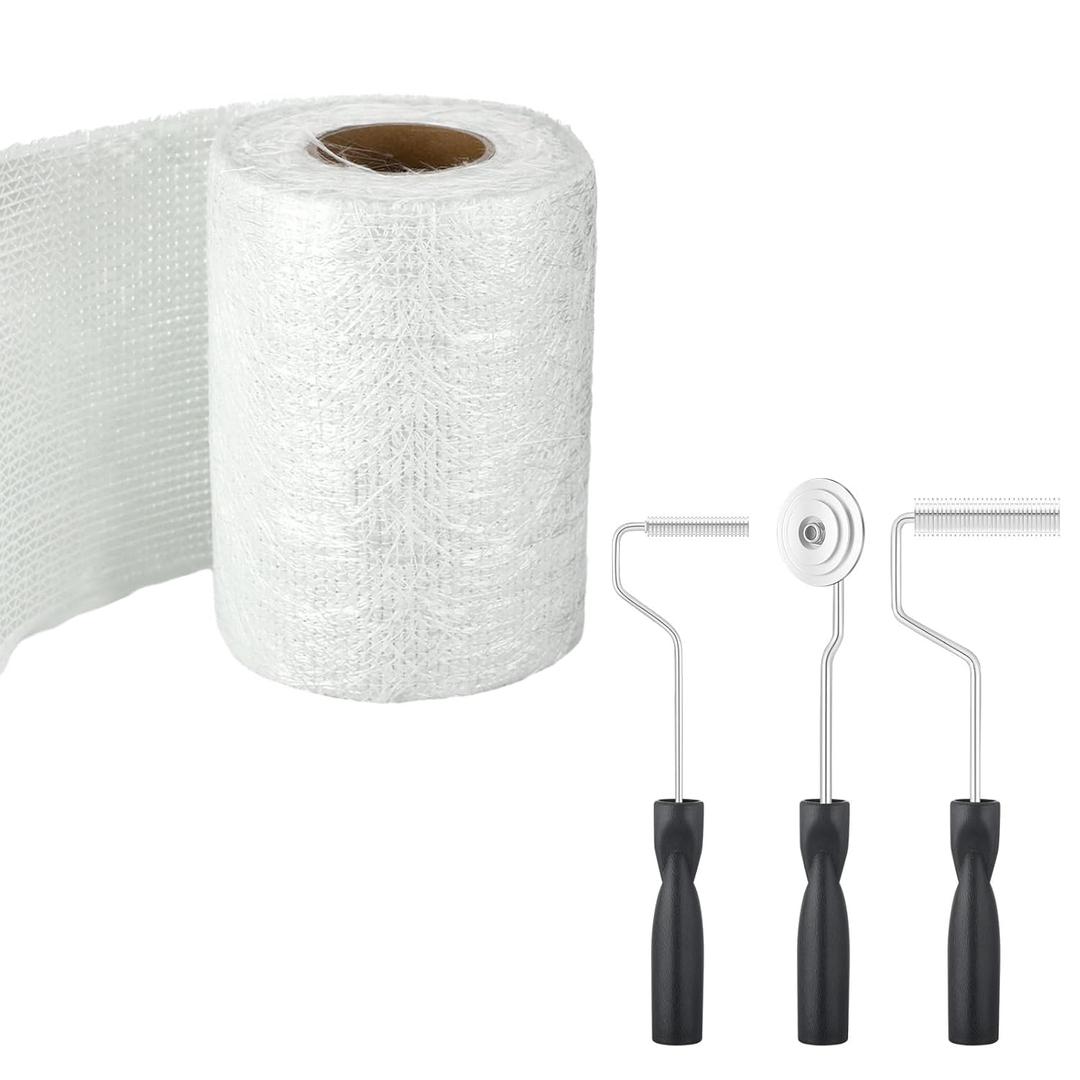 1708 Fiberglass Cloth Roll 4" Wide by 360" Mat Material Roll with 3 Roller Tools Kit Fiberglass Filler Sheet for Boat Tub Shower Repair
