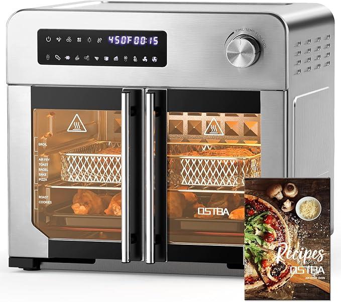 OSTBA French Door Air Fryer Toaster Oven Combo, 102 Recipes & 7 Accessories Extra Large Airfryer Convection Oven Countertop 10-in-1, 30% Faster 90% Less Oil, Stainless Steel