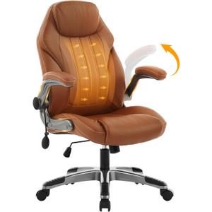 Office Desk Chair, Ergonomic Computer Chair with Padded Flip-Up Arms and Adjustable Lumbar Support, PU Leather Executive Chair with Tilt Lock and 360 Swivel Rolling Wheels for Work, Study (Brown)