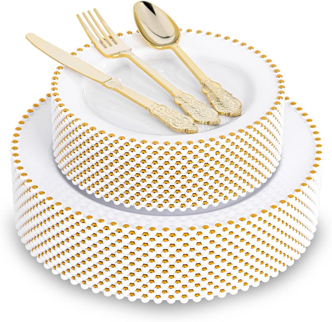 HOMIP 75PCS Gold Plastic Dinnerware Set - Pearl-Beaded Rim Plates & Baroque Forks, Spoons, Knives, Perfect for Elegant Wedding, Banquet & Party