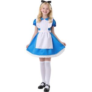 Kids Blue Dress Costume for 3-14 Years Girls Halloween Princess Costumes with Socks Hairband (150 (11-12 Years))