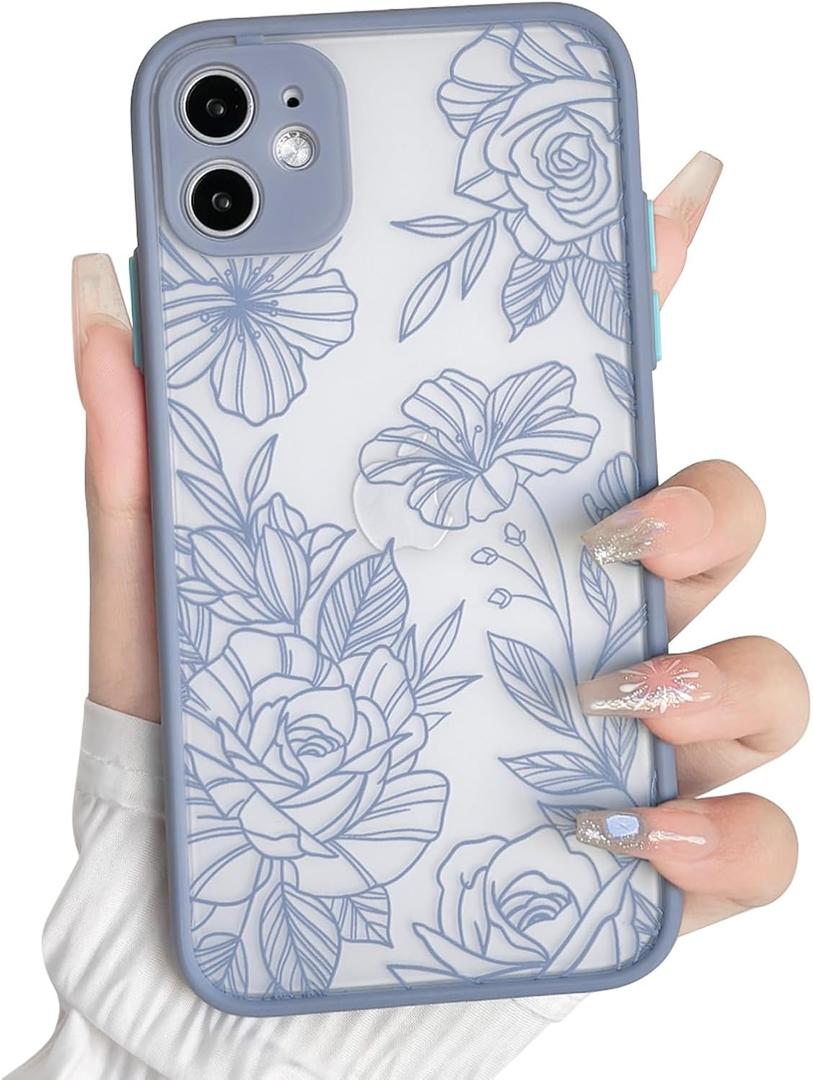 NITITOP Compatible with iPhone 11 Case Cute Aesthetic Floral Flower Vintage Rose Pattern Matte Clear Women Girl Full Camera Lens Slim Hard PC Shockproof Pritective Cover - Blue