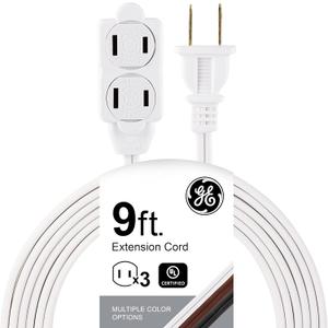 GE 3-Outlet Extension Cord with Multiple Outlets 9 Ft Extension Cord Power Strip 2 Prong 16 Gauge Twist-to-Close Safety Outlet Covers Indoor Extension Cord Outlet Extender UL Listed White 51947