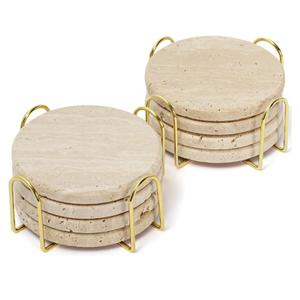 Coasters Set of 8 with Holder, Farmhouse Rustic Beige Marble Drink