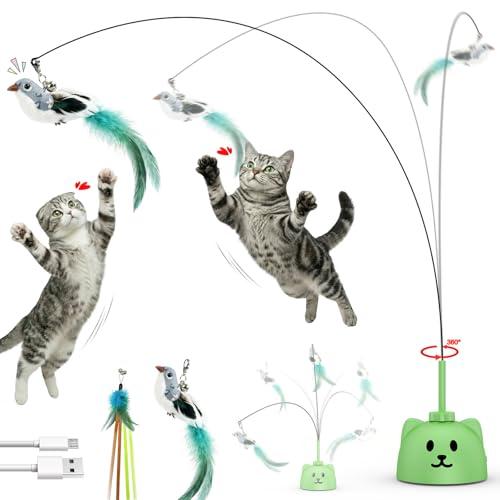 Interactive Cat Toys for Indoor Cats: Upgraded 360° Automatic Spin Flying Bird Feather Wand with Silicone Protected Rod Safe Play, Strong 8cm Suction Cup, USB-Rechargeable for Bored Kittens and Adult, Green