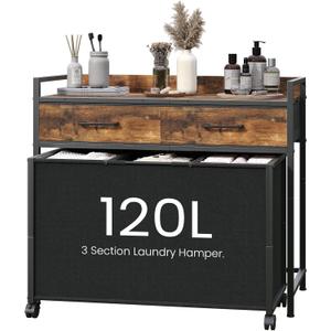 Laundry Hamper baskets 3 Section with 2 Drawers & 3 Pull-Out Rolling Bags, Laundry Sorter with Shelf and Wheels for bathroom Organization and Storage, 32Gallons (120L), Rustic Brown
