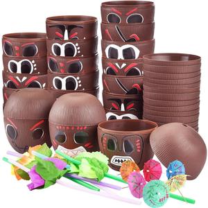 24 Pack Coconut Cups with 24 Straws 24 Cocktail Drink Picks and 24 stickers, DIY Tropical Hawaiian Luau Tiki and Beach Party Decorations for Kids and Adults