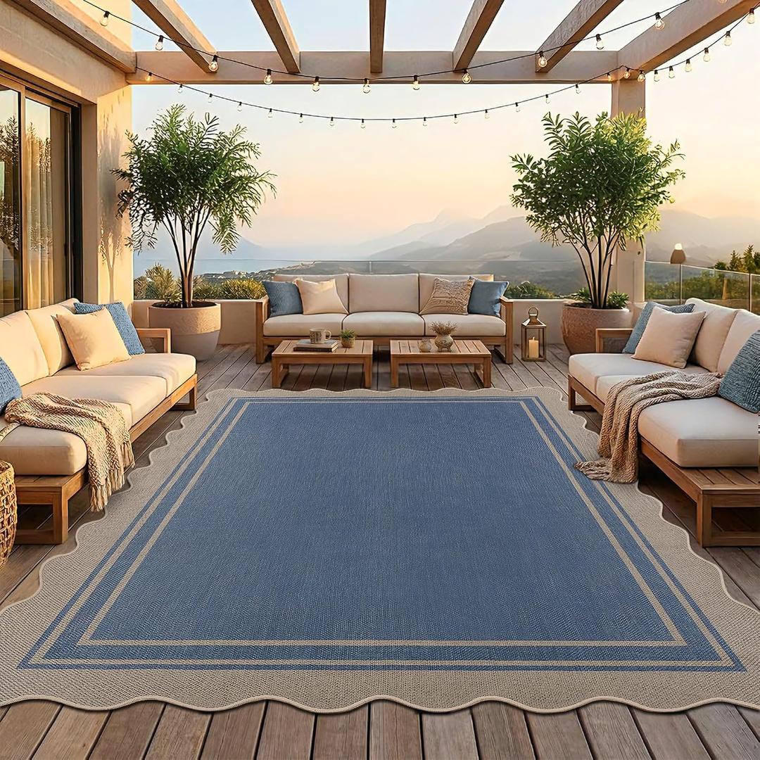 8x10 Scalloped Rug Easy Jute Washable Rug for Living Room Indoor Outdoor Blue Geometric Non Slip Carpet for Under Table Neutral Carpet for Backyard Patio Dining Room