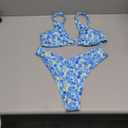 geluboao Bikini Set for Women Solid V Neck Knot Front Push Up High Leg Thong Two Piece Swimsuit (X-Large, Blue Floral)