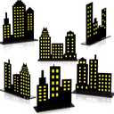 6 Pcs Skyscraper Party Decorations Wooden Skyscraper Table Decorations City Skyline 3D Silhouette Centerpiece Sign Decor for Hero Theme Comic Birthday Party Supplies