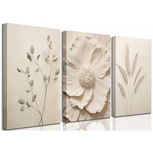 3Pcs Neutral Beige Floral Plant Canvas Wall art Textured Flower Botanical Painting Picture Wall Decor Vintage Blossom Poster Prints for Living Room Bedroom Bathroom Decoration