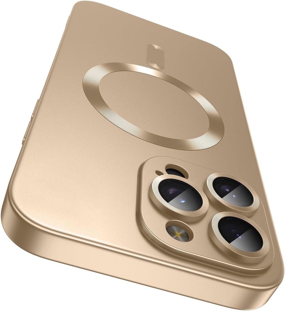 Magnetic for iPhone 16 Pro Case [Compatible with MagSafe][Built-in Camera Lens Protector] Slim Soft Silicone Bumper Shockproof Metallic Luster Phone Case (Gold)