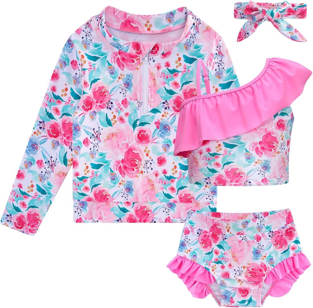 Funnycokid Baby Toddler Girls Swimsuit 4 Piece Bathing Suit Long Sleeve Rash Guard Sets 12 Months - 7 Years (A4 Floral Pink)