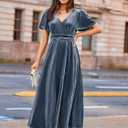 Simplee Women's Velvet Maxi Dress V Neck Short Sleeve Empire Waist Semi Formal Long Cocktail Dresses (Blue)