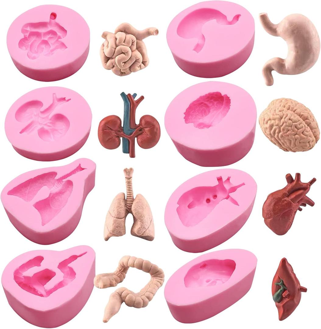 8 Pcs Organs Fondant Molds, Human Lung Heart Brain Silicone Molds, Halloween Gastrointestinal Kidney Cake Decorating Supplies, Chocolate Candy Cookies Marzipan Clay Resin Soap Candle