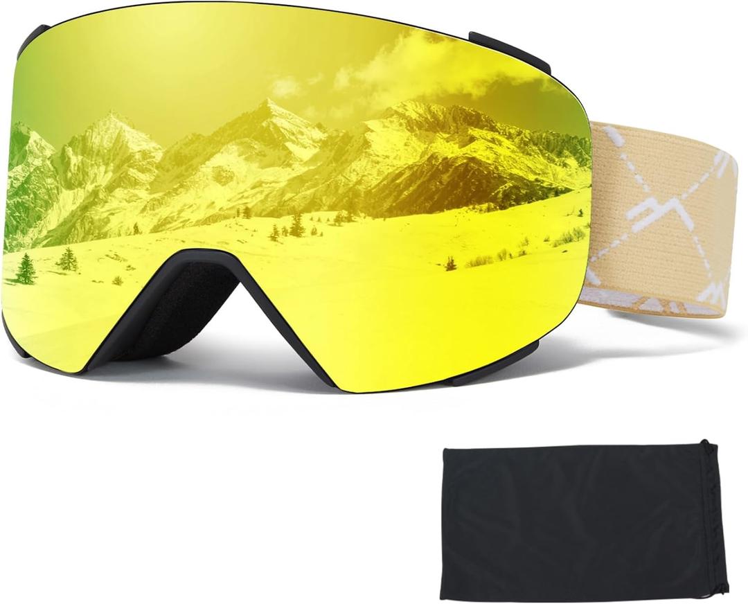 Ski Goggles OTG for Women Men Adult Youth,YH693C Magnetic Snowboard Goggles,Winter Snow Goggles for Skiing Skating (Black Frame-full Revo Gold-vlt 16%)