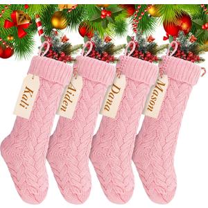 Sumind 4 Pack Christmas Stocking Pack Bulk 18'' Large Family Knitted Xmas Stocking with Name Tags Set, Holiday Fireplace Decoration (Pink)