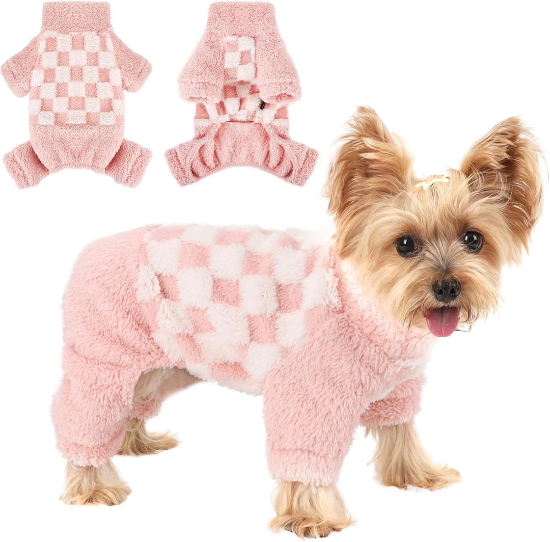 Sebaoyu Turtleneck Dog Pajamas for Small Dogs, Fleece Sweater Winter Cute Tiny Clothes Outfit Puppy Clothes Pet Jumpsuits Chihuahua Yorkie Cat Clothing(Plaid Pink, XX-Small)