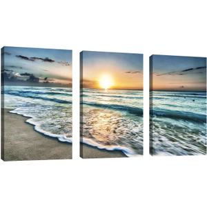 Canvas Wall Art Beach Sunset Ocean Waves Wall Decor 3 Pieces x 16" x 24" Modern Seascape Canvas Artwork Contemporary Nature Pictures Painting Giclee Prints Framed Ready to Hang for Home Decoration