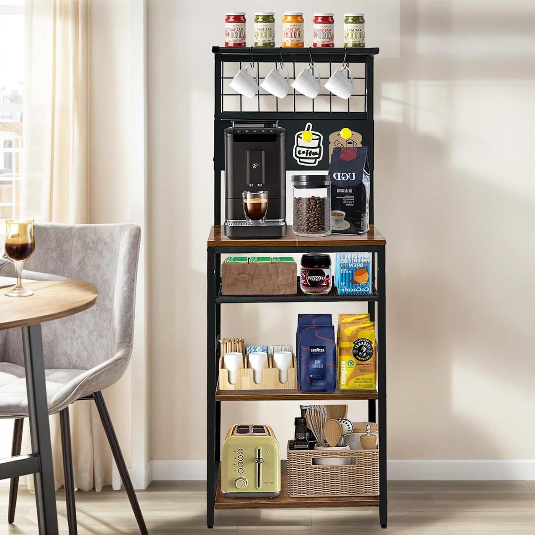 5 Tier Coffee Bar Station, Coffee Stand with 4 S-Shaped Hooks, Bakers Rack with Storage, Farmhouse Corner Microwave Stand with Fridge Magnets, Kitchen Storage Shelf Rack for Small Spaces