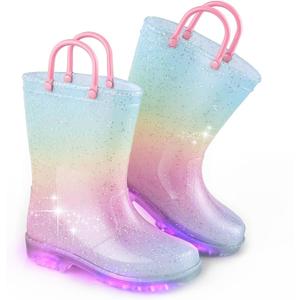 EUXTERPA Girls Glitter Light Up Waterproof Rain Boots Toddler Kids Rainbow Boots with Easy On Handles, Pink Gradient, Toddler Size 10
